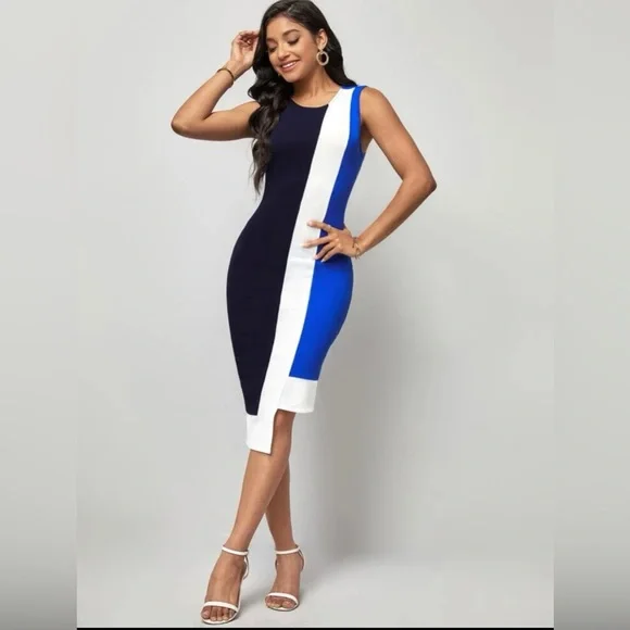 Shein Dresses | Nwot Asymmetrical Color Block Dress | Color: Blue/White | Size: S | Cranberry87's Closet